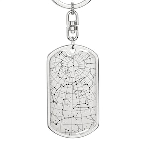 May include: A silver keychain with a dog tag featuring a black and white star chart design.
