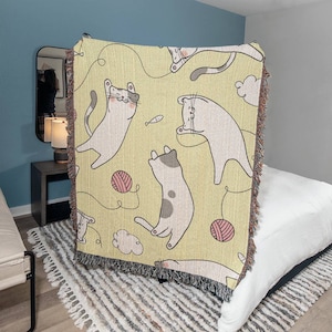Cat and Yarn Heirloom Woven Throw Blanket, Cotton Throw Blanket for Home, Couch Blanket, Bed Blanket, Cat Wall Tapestry, Dorm Room Decor