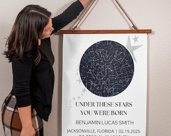 May include: A white canvas print with a dark blue star map, a silver star, and the text "Under these stars you were born", "Benjamin Lucas Smith", "Jacksonville, Florida | 02.19.2025", and "30.3298° N, 81.6592° W".