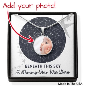 Gepersonaliseerde sterrenkaart pasgeborene, aangepaste celestial night sky-hanger en berichtkaart, cadeauset nieuwe moeder, hanger ketting zilver en goud