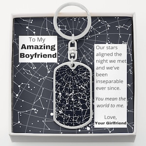 Porte-clés Night Sky Dog Tag, porte-clés Night Sky personnalisé, Message personnalisé, Date personnalisée, Coordonnées pour les couples, Incassable, Or 18K
