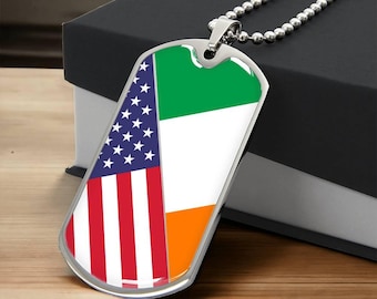 Personalized Flag Dog Tag Necklace for Men, Custom Two Country Flags Pendant, Engraved Back Message, Silver or Gold Chain, Travel Gift