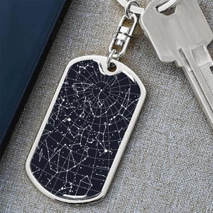 Personalized Night Sky Dog Tag Keychain: Custom Date, 18K Gold