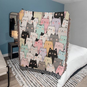 Colorful Cats Heirloom Woven Throw Blanket, Cotton Throw Blanket for Home, Couch Blanket, Bed Blanket, Cat Wall Tapestry, Dorm Room Decor
