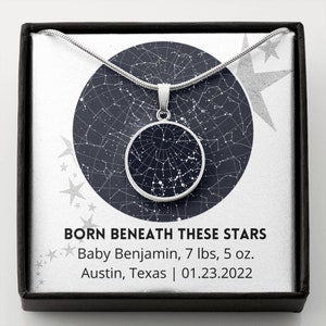 Gepersonaliseerde sterrenkaart pasgeborene, aangepaste celestial night sky-hanger en berichtkaart, cadeauset nieuwe moeder, hanger ketting zilver en goud