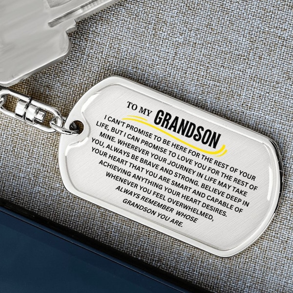 To My Grandson Keychain, Gift For Grandson from Grandma Grandpa, Dog Tag Keychain for Birthday Graduation Holiday Christmas, Special Gift