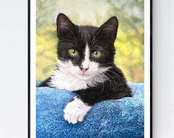 Arte de gato en blanco y negro - Impresión de gato en blanco y negro - Ilustración de gato Tuxedo - Dibujo de gato Tuxedo - Decoración de gato en blanco y negro - Regalos de gato Tuxedo