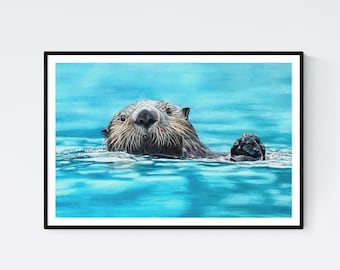 Impresión de nutria - Arte de nutria - Impresión de arte de nutria - Pintura de nutria - Decoración de pared de nutria - Arte de pared de nutria - Decoración de casa de playa - Impresión de arte del océano