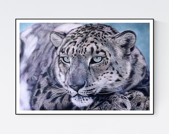 Arte del leopardo de las nieves - Estampado del leopardo de las nieves - Decoración del leopardo de las nieves - Arte de la pared del leopardo de las nieves - Dibujo del leopardo de las nieves - Regalos del leopardo de las nieves