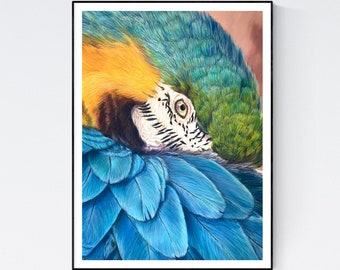 Impresión de arte de guacamayo - Arte de loro - Arte de loro - Arte de guacamayo azul - Arte de pared de loro - Imagen de loro - Arte de guacamayo - Regalos de loro - Decoración de loro