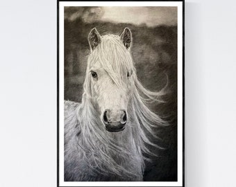 Arte de caballo - Impresión de caballo - Caballo blanco y negro - Caballo de carbón - Arte de pared de caballo - Decoración de pared de caballo - Dibujo de caballo - Retrato de caballo