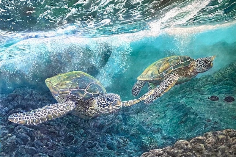 May include: Two green sea turtles swim through turquoise water with bubbles rising to the surface. The turtles are swimming over a rocky seabed.