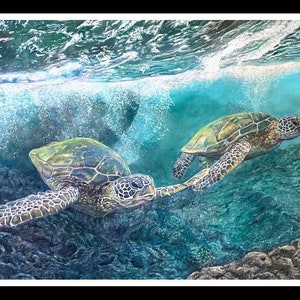 May include: Two green sea turtles swim through turquoise water with bubbles and sunlight shining through the surface. The turtles are swimming over a rocky seabed.