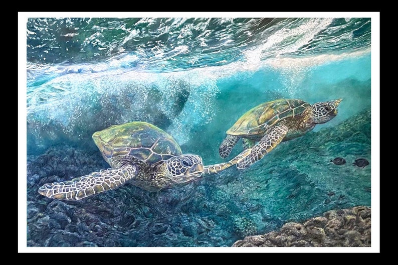 May include: Two green sea turtles swim through turquoise water with bubbles and sunlight shining through the surface. The turtles are swimming over a rocky seabed.
