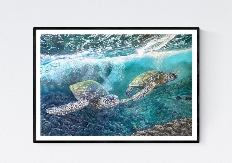 May include: Two green sea turtles swim underwater in a turquoise ocean. The turtles are swimming towards the viewer, with their heads and flippers visible. The water is clear and blue, with bubbles rising to the surface. The ocean floor is covered in rocks and coral.