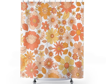 70s Retro Flowers Shower Curtain, Boho Floral Art Shower Curtain, Artistic Floral Bath Curtain, Boho Shower Curtain, Waterproof Curtain