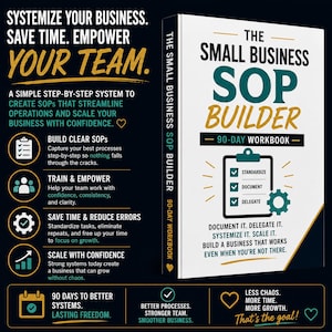May include: A book titled "The Small Business SOP Builder" with a 90-day workbook. The cover features teal and gold text, with icons and the text "Document it. Delegate it. Systemize it. Scale it." The book promises to streamline operations.