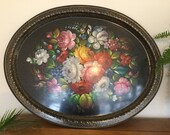 Fantastic Extra Large Vintage Colourful Floral Black Metal Toleware Tray. Oval Display Tray, Wall Art Piece, Fab Serving Floral Tray
