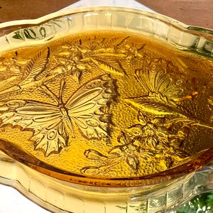 Wonderful Vintage Amber Glass Tray With Floral & Butterfly Design. Vanity Tray, Dressing Table Trinket Tray. Fab Vintage Coloured Glassware!