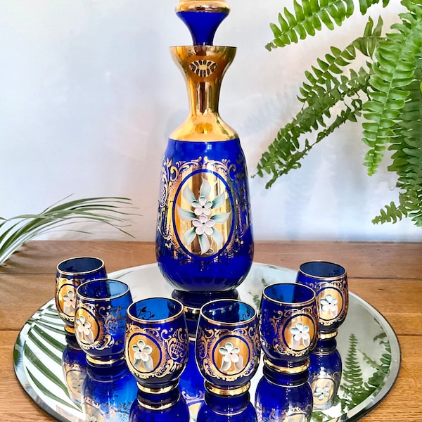 Fabulous Vintage Venetian Cobalt Blue Glass Decanter Plus Six Glasses With Gilt & Hand Painted Design. Display Barware. MCM Stylish Bar Set!