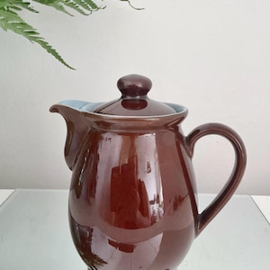 May include: A brown ceramic teapot with a matching lid and a curved handle. The interior rim is light blue. The teapot is on a reflective surface, with a fern in the background.