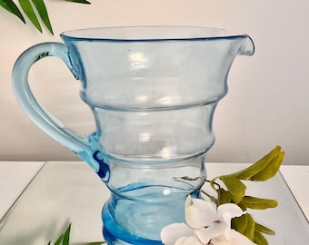 Vintage Bubble Blue Glass Pitcher, MCM Retro Lemonade Jug