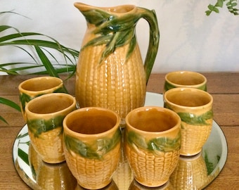 SPECIAL OFFER! Vintage Corn On The Cob Pitcher & Six Goblets c1950/60s. Garden Kitchen, Mid Century Kitsch Display. Retro Novelty Drinkware!