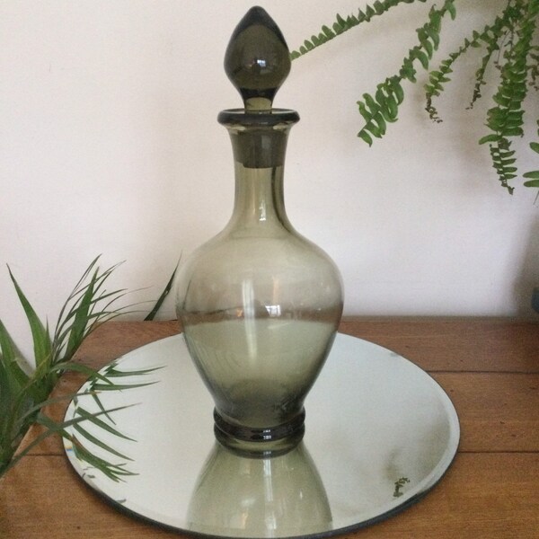 RESERVED FOR JO Smoked Glass Decanter With Stopper. Home Bar, Display Piece, Man Cave. Fab Mid Century Modern Glassware!