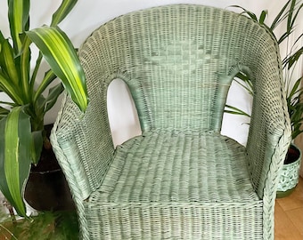 Vintage Green Wicker And Bamboo Accent Chair. Living Room, Bedroom, Bathroom, Hallway, Garden Room. Retro Seating. Occasion Chair