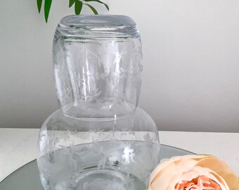 Beautiful Vintage Etched Glass Tumble Up. Overnight Jug & Glass, Bedside Pitcher Set, Side Table Jug Set.  Vintage Modern Coloured Glass!