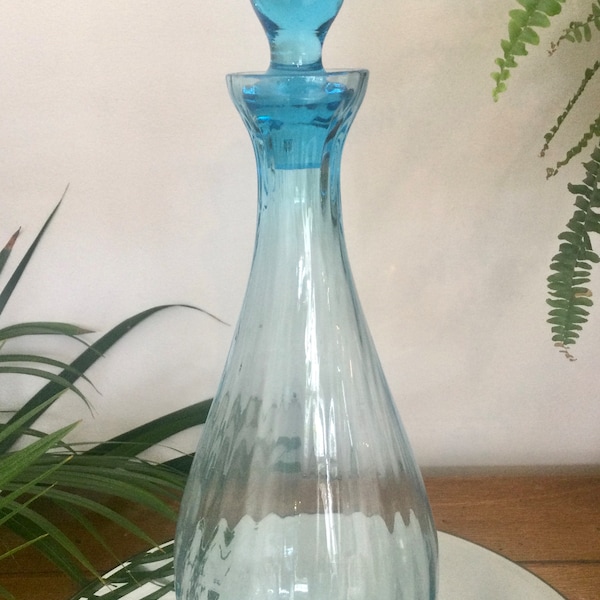 REDUCED! Fabulous Vintage Tall Ribbed Blue Glass Decanter. For Display, Home Bar, Home Entertaining. Vintage Modern Coloured Glassware!