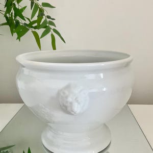 May include: White ceramic bowl with a lion head handle. The bowl is round and has a wide base.