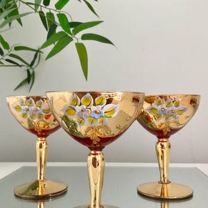 Vintage Set Of Three Italian Murano Red Cocktail Glasses With 24kt Gold Enamel & Floral Hand Painted Design. Stylish Venetian Glasses. RARE!