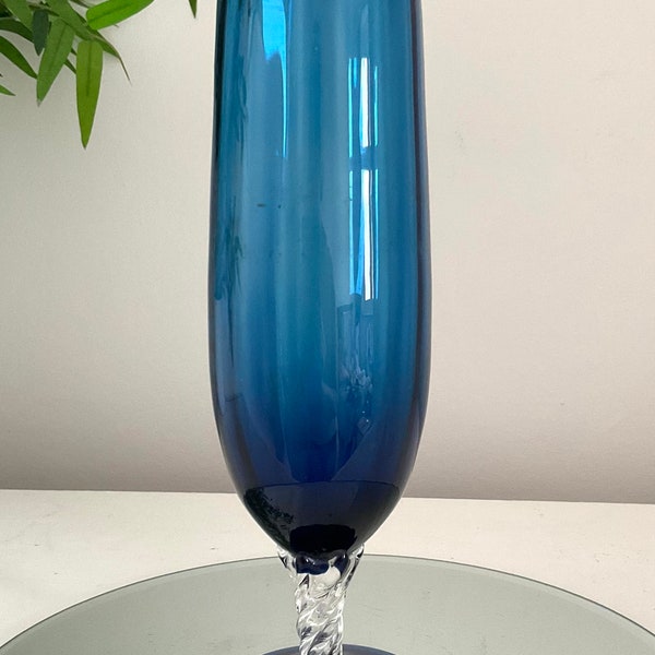 Beautiful Vintage Tall Blue Glass Vase With Twisted Glass Pedestal c1970s. Retro Stem Vase. Mid Century Stylish Coloured Glass Vase!