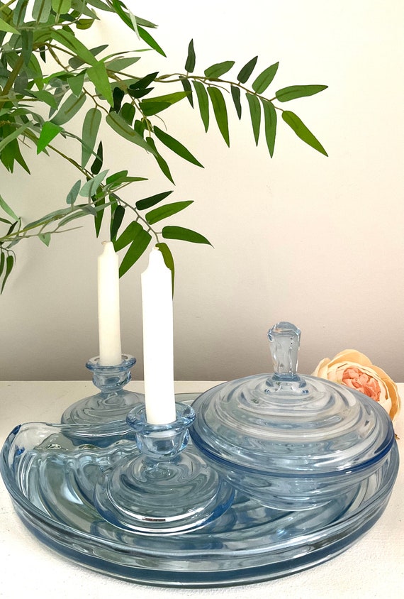 blue glass dressing table set Vintage Bagley Vanity Set, 1940s Crystopal Decor Blue finish with gold Sale Aug 2026 formal dress with corset Size:Youth - G4 Girls  Size 4