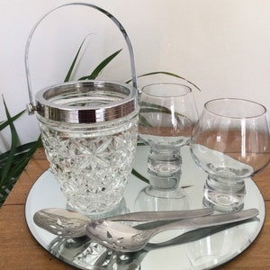 FURTHER REDUCTION! French Vintage Glass & Silver Tone Metal Ice Bucket With Ice Spoons. Home Bar, Cocktail Cabinet. Stylish Retro Barware!