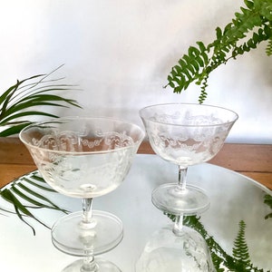 Wonderful Vintage Pair Of Etched Coupe Glasses. Champagne Lovers Gift. Antique Glassware. Fabulously Elegant & Stylish Champagne Glasses!