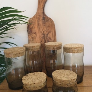 SPECIAL OFFER! Vintage Smoky Brown Tinted Glass Jars/Containers With Cork Lids c1970s. Retro Kitchen Storage, Display.