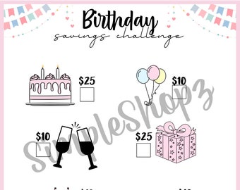 May include: A printable birthday savings challenge chart with illustrations of a cake, balloons, wine glasses, a gift box, a dress, a shoe, a candle, a party hat, and three gift boxes. The chart includes dollar amounts for each item.