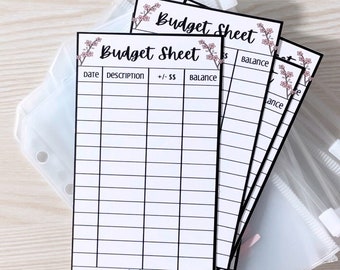 May include: A set of four printable budget sheets with a floral design. Each sheet has columns for date, description, +/- $$ and balance. The sheets are printed on white paper and have a black border.