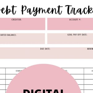 May include: A printable debt payment tracker with a pink floral design. The tracker includes sections for creditor, account number, starting balance, interest rate, due date, goal pay off date, minimum payment, date, starting balance, and end balance.