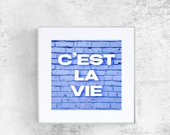 C'est La Vie Word Blue Brick Wall Neon Look Art Print | Typographic Print | Motivational Quote Print | Inspirational French Wall Art Prints