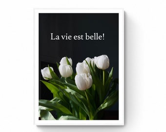 La Vie Est Belle Life is Beautiful Black and White Tulip Print | French Quote Modern Flower Photography Gallery Wall Art | Living room art