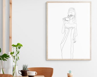 Woman with coffee cup drinking cappuccino with sunglasses and towel | Minimalist Feminine Line Drawing | Sketch Art Gallery Wall