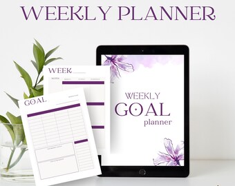 May include: A printable weekly planner with a purple watercolor floral design. The planner includes a section for goals, notes, and a weekly schedule. The text "WEEKLY GOAL planner" is displayed on the planner.
