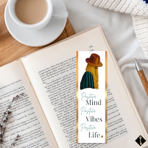 Positieve Vibes-bladwijzers met vrouwillustratie Instant Download | Digitale kunstbladwijzerafdruk thuis Uniek Booklover-cadeau