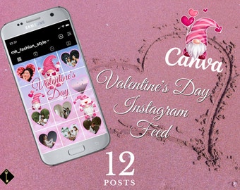 Valentine's Day Berry Instagram Canva Template | Gnomes 12 Posts | Instagram Feed Template | Valentine's Day Gnome Social Media Party