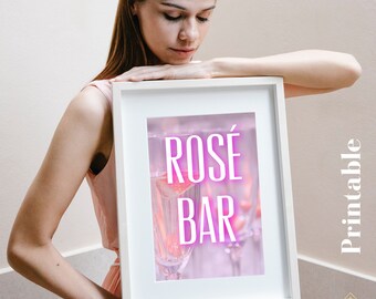 Rosé Cocktail Printable | Neon Modern Wall Decor | Alcohol Poster| Bar Cart Bachelorette Party Decor | Digital Download| Drinking Poster