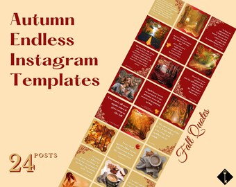Fall Feed Instagram puzzle with Autumn Quotes | Endless Canva Fall Instagram Template| Red and Gold Puzzle Template for Bloggers & Boutiques