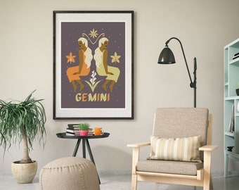 Gemini Star Sign Print,Art decor zodiac wall sign, Zodiac Print, Printable Wall Art, Birthday Prints,Horoscope Astrology Print,Zodiac Poster